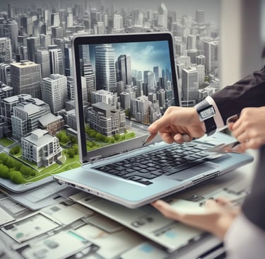 An old wooden house with a brown tiled roof stands in front of two modern high-rise apartment buildings. The house has a weathered appearance with a small window, and there is a 'for sale' sign on the side. The modern buildings behind are much taller, with multiple balconies and windows. The sky is a clear blue.