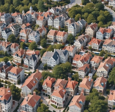 An aerial view of a modern residential complex featuring multiple high-rise buildings with light-colored roofs and structured layouts. The buildings are surrounded by lush greenery and a large swimming pool with turquoise water. Adjacent to the complex is a neatly maintained road with a bus and landscaped gardens. The overall setting is urban with a touch of natural elements.