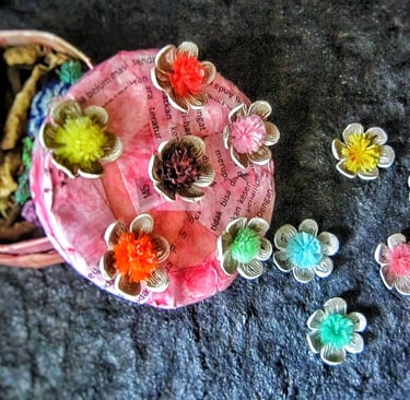 Recycle paper pink storage,at the lid of storage decorated with mini flower quilling 