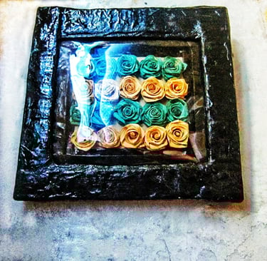 Blue and white rose corn husk frame hang on the wall 