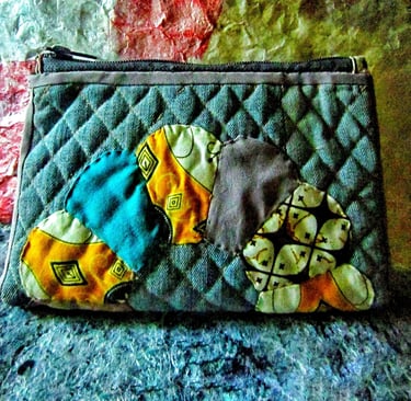 Recycled fabric pouch,beautiful pouch from a combination of quilting and fabric applique