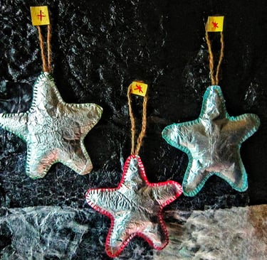 Hanged of silver star ornament with multi color of handmade sewing at the star edge 