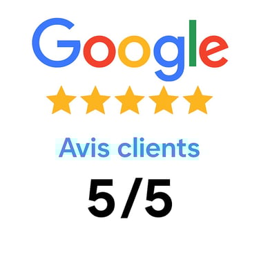 image montrant le logo google avec 5 etoiles avec écrit "Avis clients" en dessous ainsi que 5/5