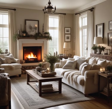 A cozy interior of a shop featuring wooden furniture and a variety of home goods, such as cups, books, and decorative items. Shelving units display an assortment of items, and a person wearing a mask can be seen browsing. Warm lighting enhances the inviting atmosphere.