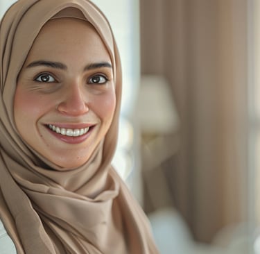 Smiling Muslim woman in hijab, symbolizing confidence, healing, and faith-based life coaching for Muslim women.