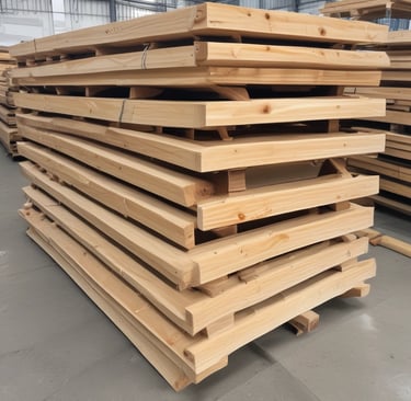 A collection of wooden pallets is neatly stacked on the side of an urban street. The pallets are arranged in columns, some taller than others, against a backdrop of a multi-story parking structure, trees, and a chain-link fence. There are green plants on the left and a tree overhanging on the right side of the scene.