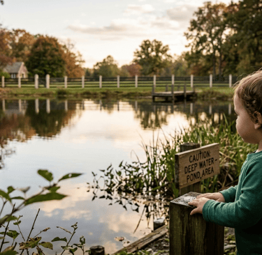 A young toddler standing alone at the edge of a natural pond, with no supervision.