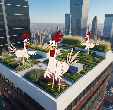Image: chickens on a roof