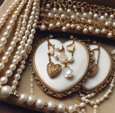 Close-up of a delicate antique gold chain intertwined with lustrous pearls, softly lit to highlight texture.