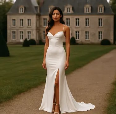 Femme portant une robe de mariée devant un château