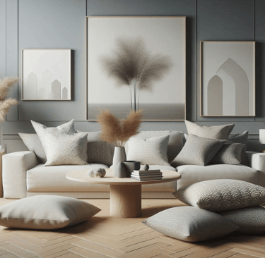 Interior design trend: pared-back throw pillows blending seamlessly into the overall space.
