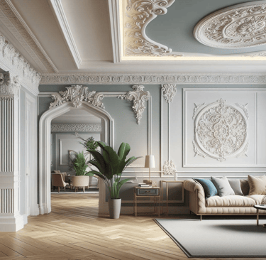 Interior design trend: return of crown molding in various materials, adding European flair.
