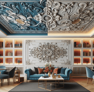 2024 interior design trend: sophisticated roof treatments with bold colors and intricate plasterwork