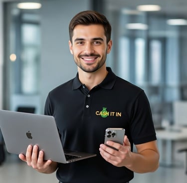 cash it in employee holding MacBook and iPhone
