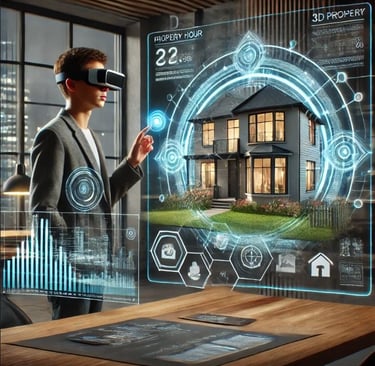 un acheteur utilisant des lunettes intelligentes pour explorer une visite virtuelle en 3D, avec un assistant IA fournissant d