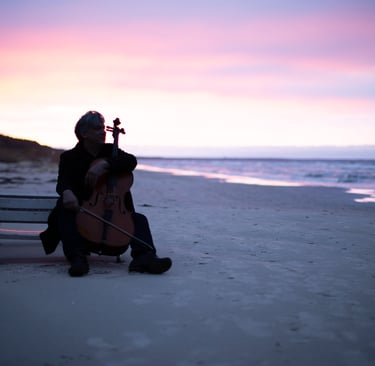 a man playing cello on a bench at sunset