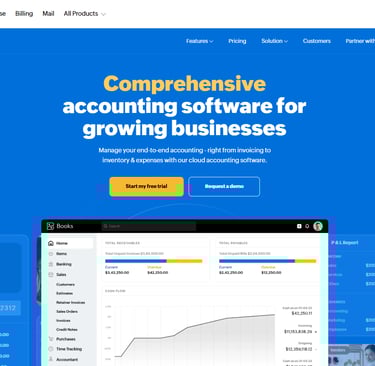 zoho website page displaying a business account