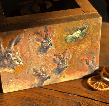 A vintage wooden box upcycled and with country animals, paint blended in using cosy autumn colours
