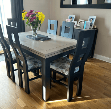 Dining table, chairs, sideboard and mirror frame custom painted in Fusion Mineral Paint -Ash