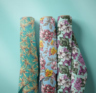 Three fabrics stacks featuring hand-drawn floral patterns