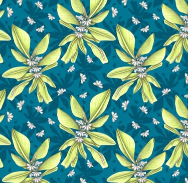Hand-drawn tropical plant pattern with a blue backgorund