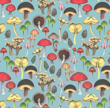 Hannd-drawn Mushrooms Pattern with a blue background