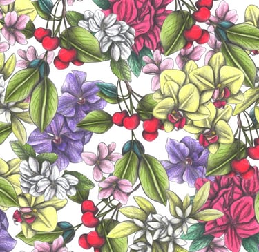 Hand-drawn flowers and cherries pattern with a white background