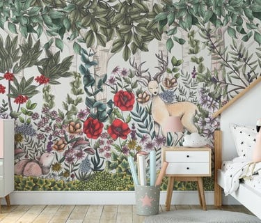 Kids Bedroom with a Woodland Creatures inside a Forest Wallpaper 