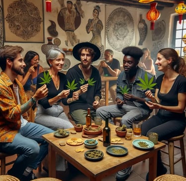 a group of people sitting around a table with marijuana leaf