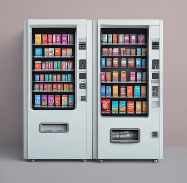 An inviting micromarket setup in a busy workplace breakroom with employees selecting snacks and drinks.