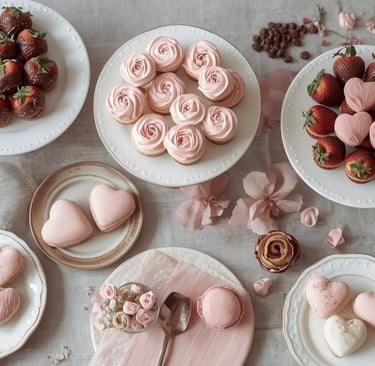 a Valentine's table with a variety of desserts