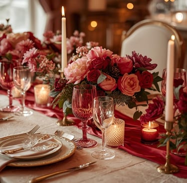 Romantic Valentine’s dinner table with blush and burgundy color palette
