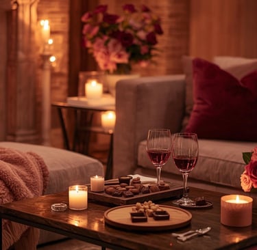 Candlelit living room glowing with warm fairy lights and cozy romantic ambiance.