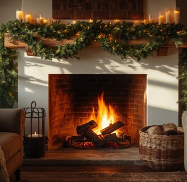 cozy living room with a fireplace with candles, and some Christmas decorations