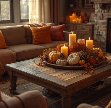 Cozy living room with fireplace, pumpkins, and candles on a small table creating a warm Thanksgiving