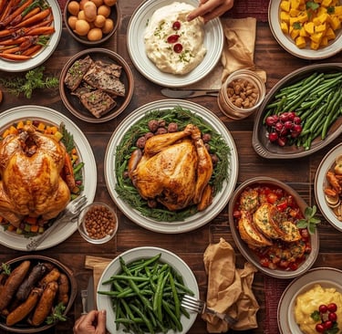 Festive Christmas meal with roast chicken, colorful sides, and desserts.