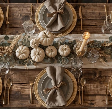 Rustic Thanksgiving dining table for family gathering, perfectly balanced between casual and elegant