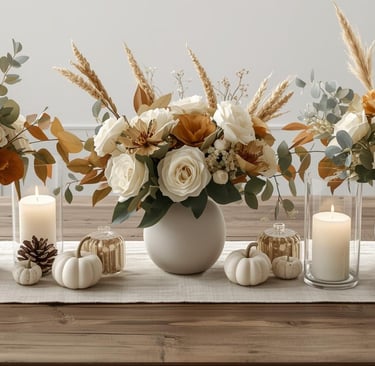 a table with sophisticated centerpieces like flowers, pumpkins, and candles