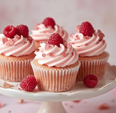 Elegant raspberry rose cupcakes topped with raspberries and rose petals on a vintage cake stand.