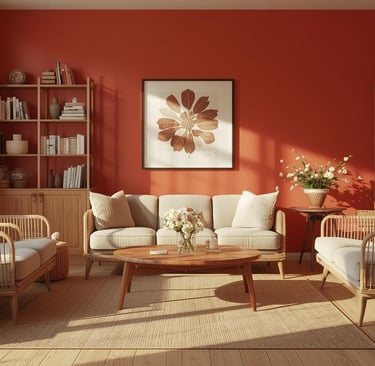 Bright retro living room with clean shelves and cozy neutral décor.