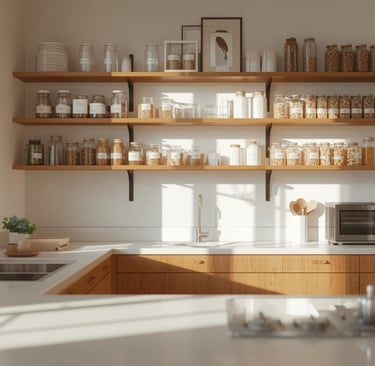 Bright modern kitchen with labeled jars, open shelves, and clutter-free counters.