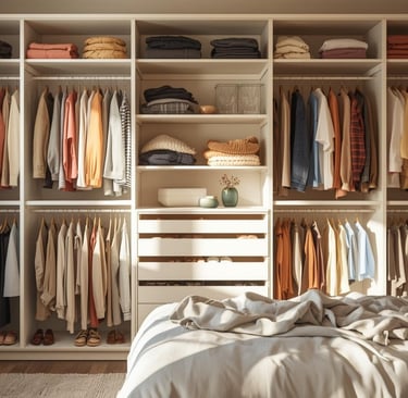Neatly organized closet with clothes sorted and donation pile on bed.