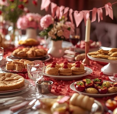 Colorful Valentine’s brunch spread with pancakes, pastries, avocado toast, and mimosas arranged on a