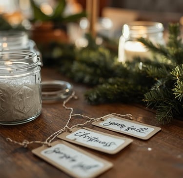 Homemade Christmas crafts like candle jars and greenery garland in progress.
