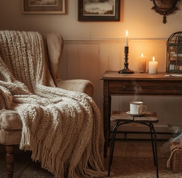 a chair with a cozy blanket on it and a candle