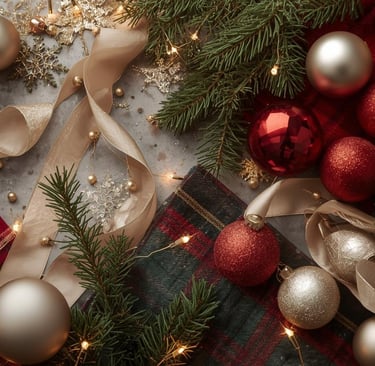 Flat lay of matching Christmas ornaments and ribbons in a cohesive color palette.