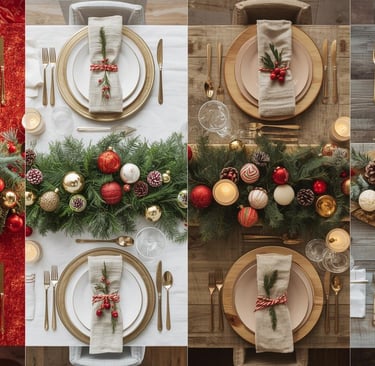 Four Christmas table styles showing classic, modern, rustic, and playful designs.