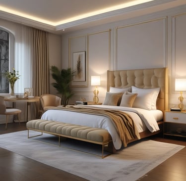 a bedroom with a bed, a chair, and a touch of gold