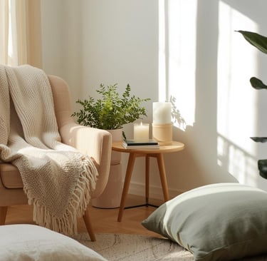 a beautiful and cozy wellness nook with soft blankets, warm lighting, and calming natural textures.