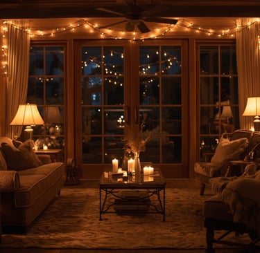 a living room with candles and fairy lights for a good lighting for a cozy night